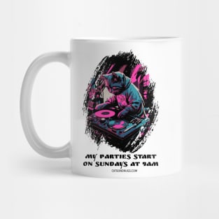 Techno cat - My parties start on Sundays - Catsondrugs.com - rave, edm, festival, techno, trippy, music, 90s rave, psychedelic, party, trance, rave music, rave krispies, rave flyer Mug